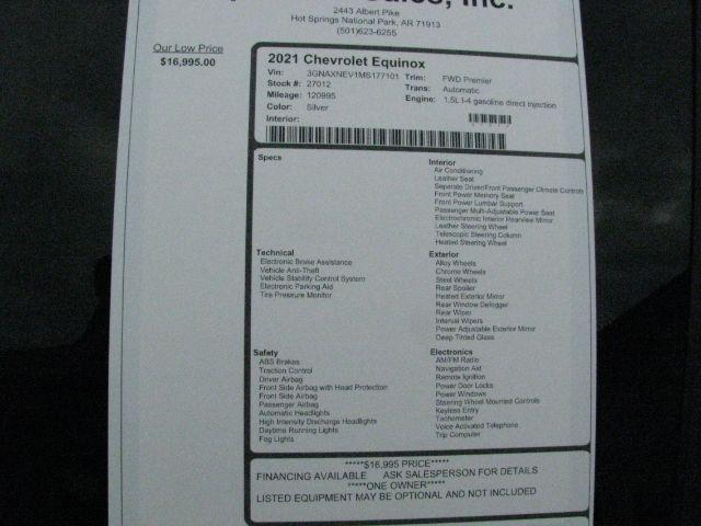 2021 Silver Chevrolet Equinox FWD Premier (3GNAXNEV1MS) with an 1.5L I-4 gasoline direct injection engine, Automatic transmission, located at 2443 Albert Pike, Hot Springs, AR, 71913, (501) 623-6255, 34.492222, -93.109993 - Photo#10